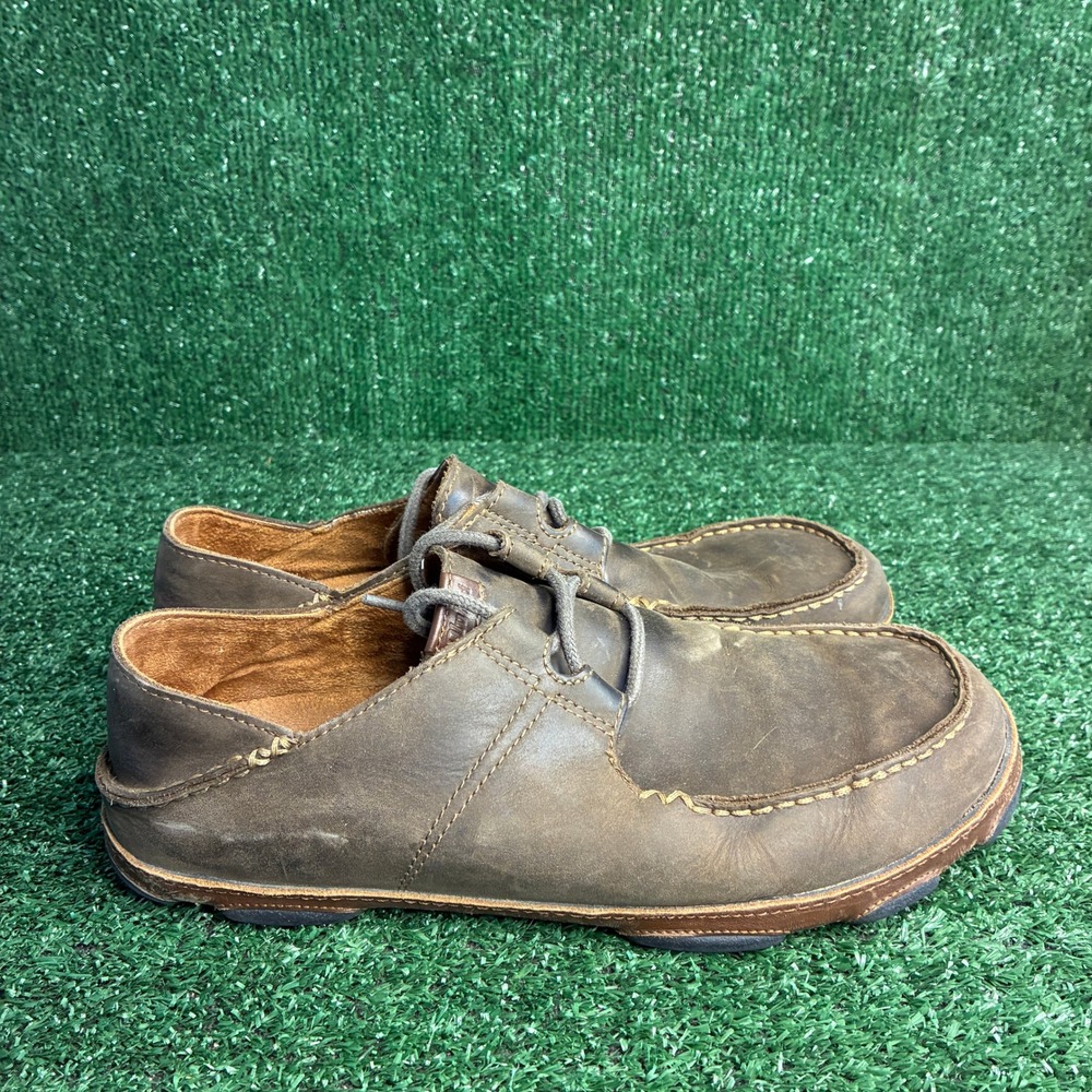 OluKai Ohana Lace-Up Nubuck Leather Casual Moccasin Boat Shoes Brown Mens 10.5
